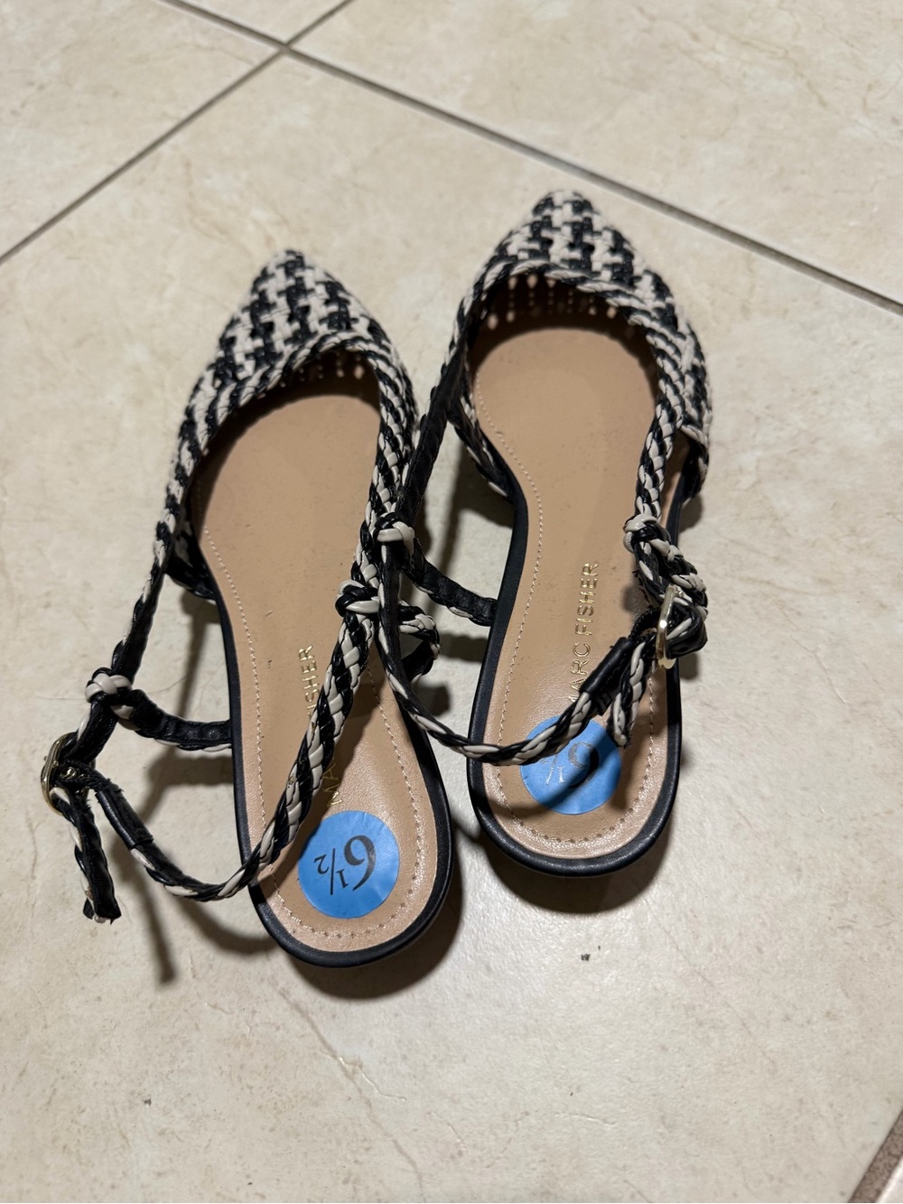 Marc Fisher Black and White Woven Pointed Slingback Flats